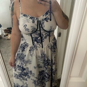 Blue and White Ruched Spaghetti Strap Maxi Sundress
